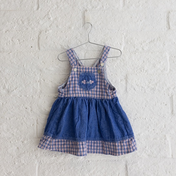 Vintage Lee Blue and Pink Denim Checkered Overall Dress - Girla 4T - Picture 1 of 8